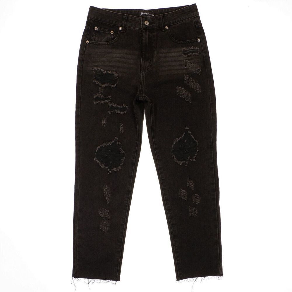 Nasty Gal Ankle High Rise Jeans Size 6 Womens Black Distressed Measure 29 x 25.5